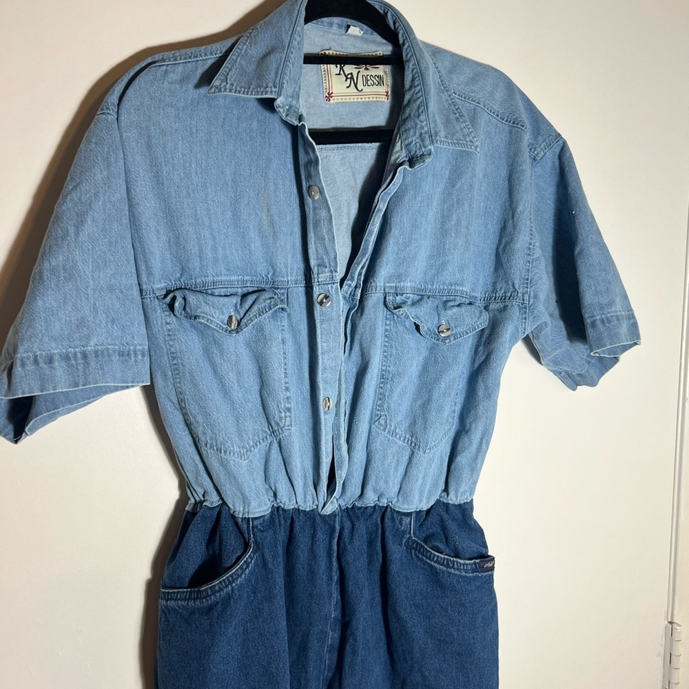Dual colored denim jumpsuit - Picture 2 of 11